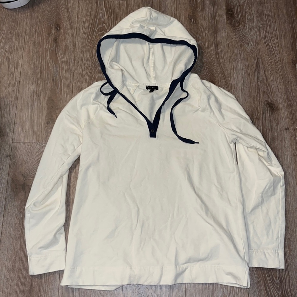 Talbots cream hooded sweater with string and blue trim